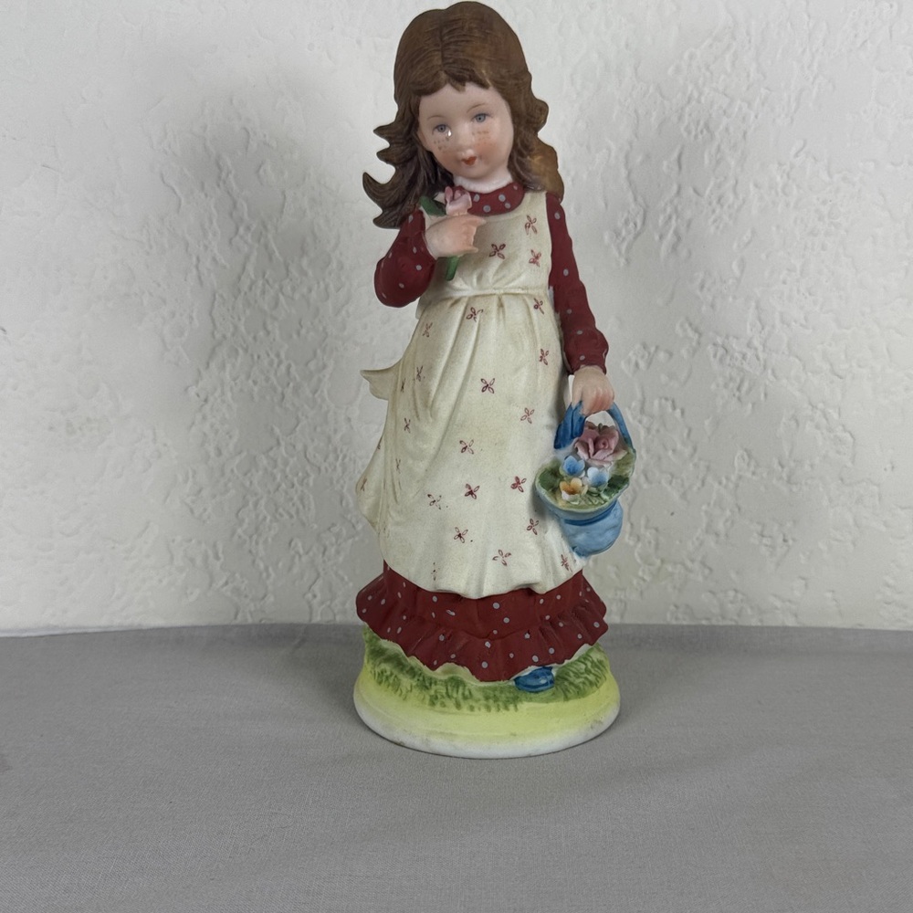 Hand-Painted Ceramic Girl Figurine in Cream and Red